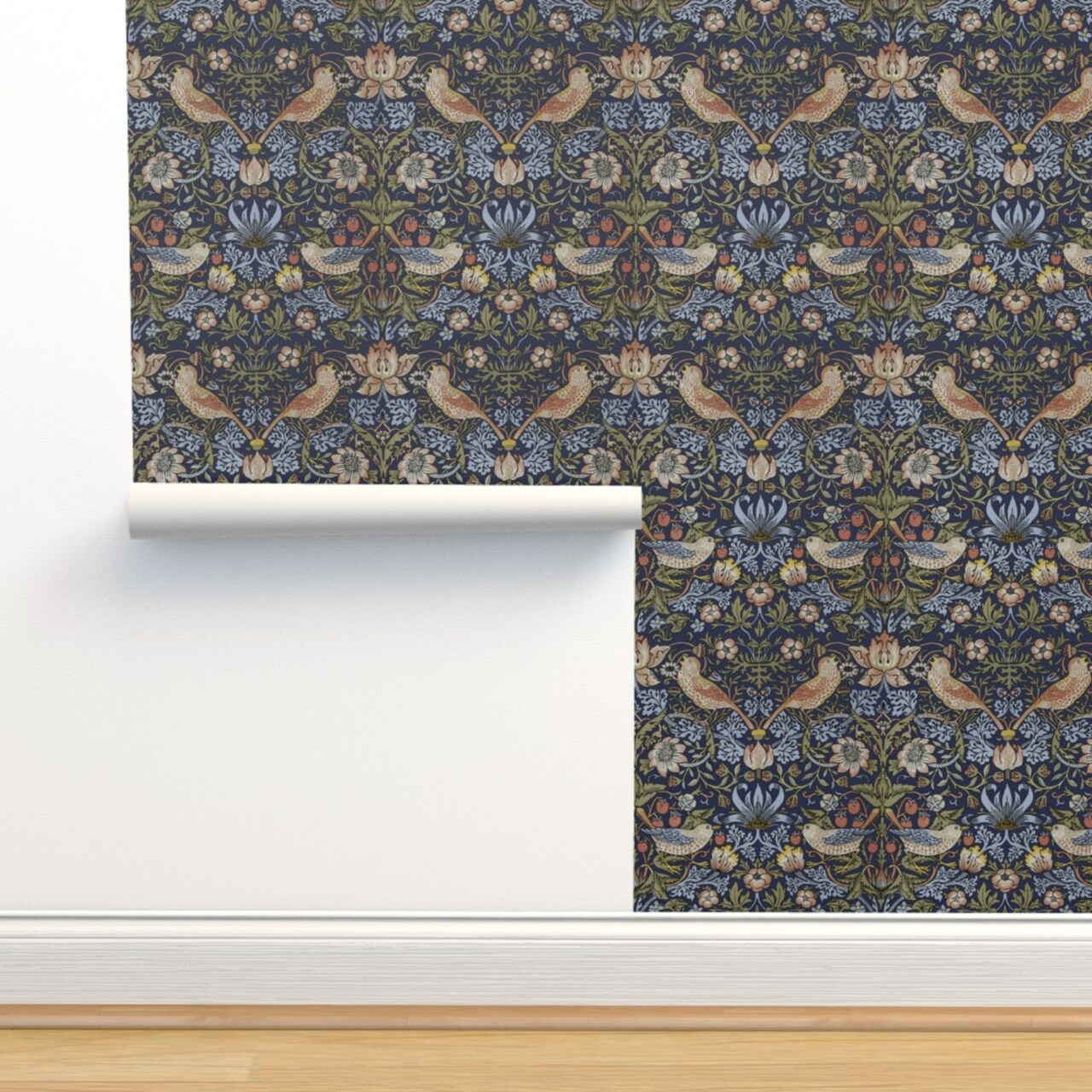 Victorian Floral Morris Inspired Arts And Crafts Damask Birds Art Nouveau Blue Green Custom Removable Wallpaper by Spoonflower Peel & Stick Wallpaper 2FT Wide